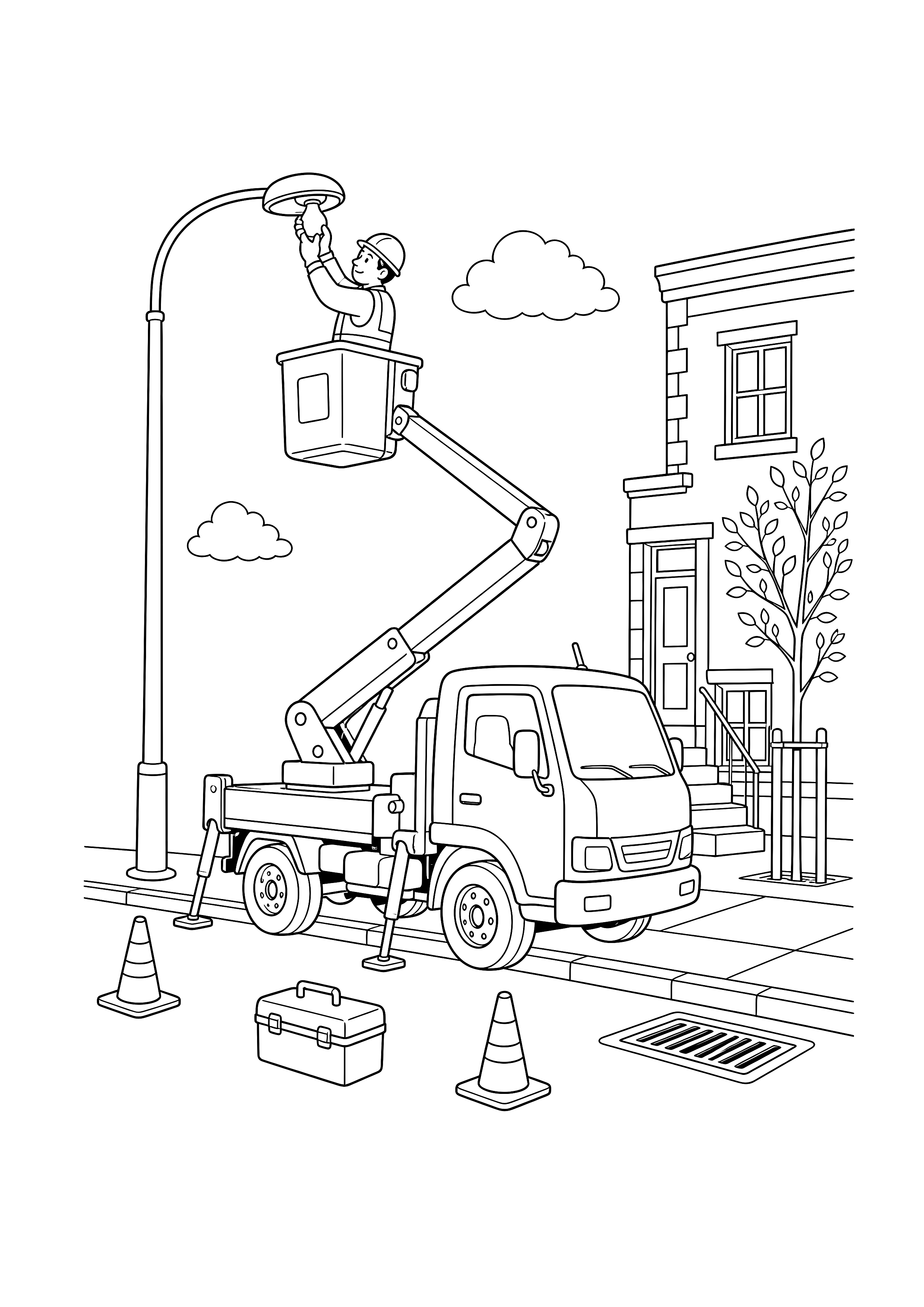 Hubsteiger repariert eine Straßenlaterne: Ein Techniker wechselt von einem Hubsteiger aus eine Straßenlampe zwischen Haus, Baum und Absperrkegeln.