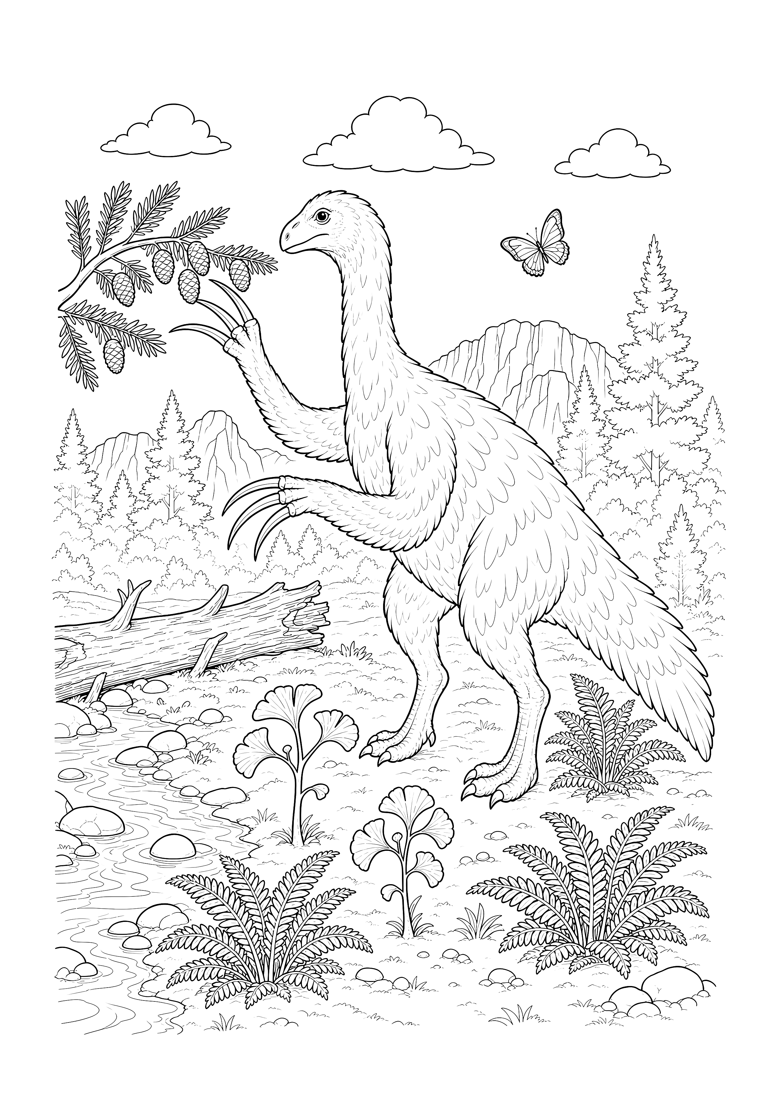 Therizinosaurus im Nadelwald: Ein gefiederter Therizinosaurus streckt seine langen Krallen zwischen Nadelbäumen, Farnen und Schmetterling aus.