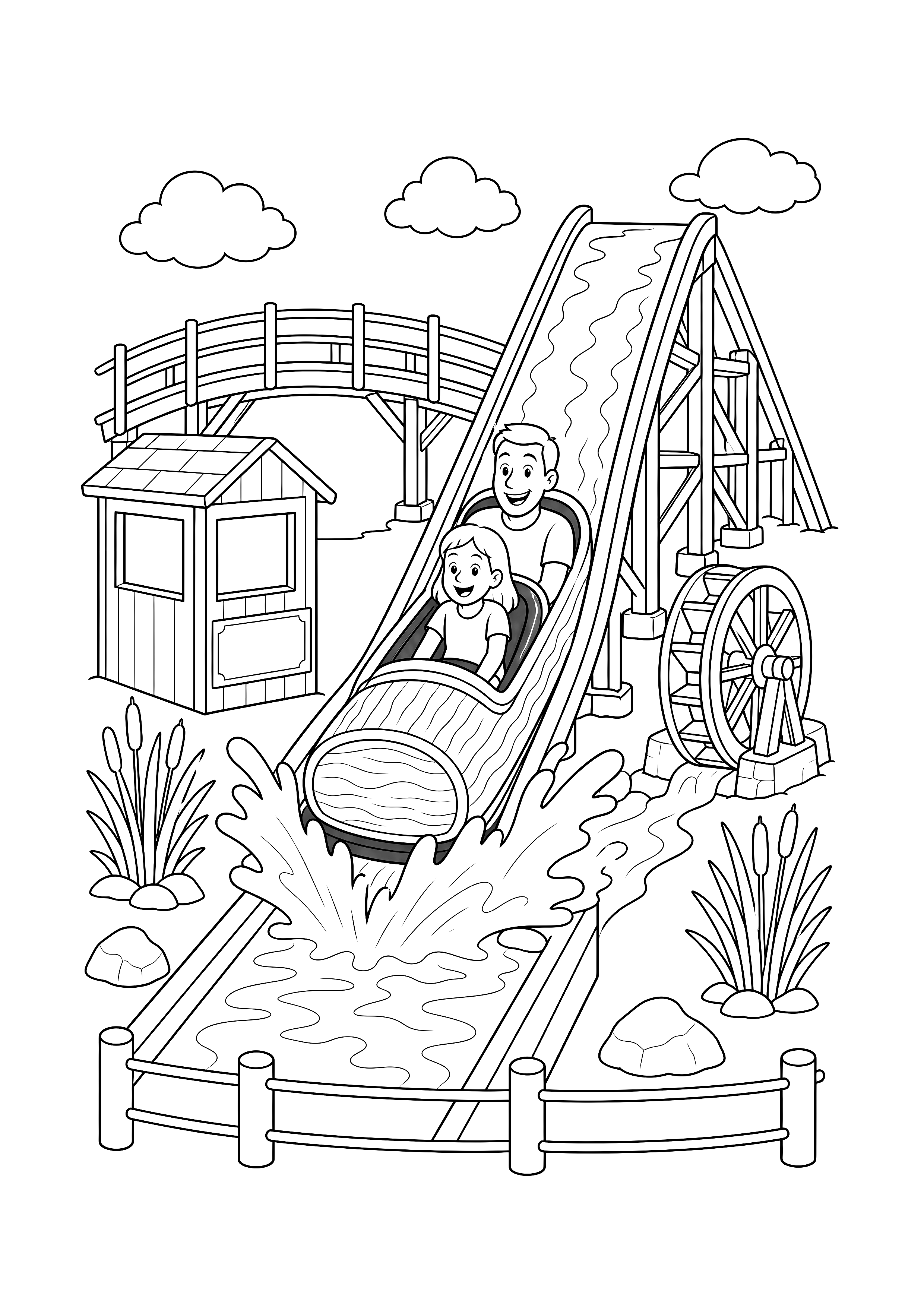 Wildwasserbahn mit großem Spritzer: Zwei Fahrgäste sausen im Baumstammboot die Rinne hinab zwischen Brücke, Wasserrad, Schilf und Kassenhaus.
