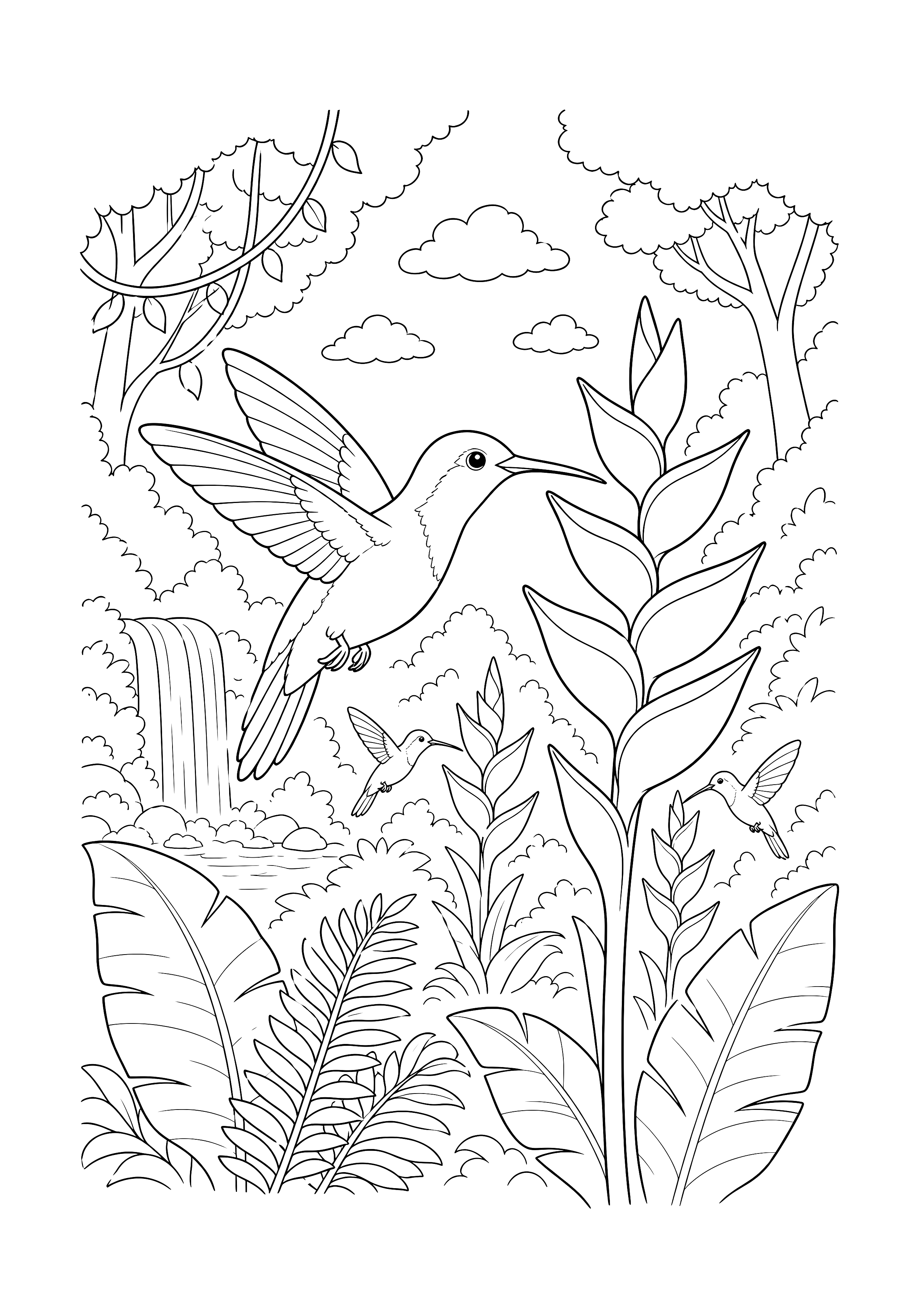 Kolibris an der Tropenblüte: Ein großer Kolibri schwebt an einer Blüte, während kleinere Kolibris zwischen Wasserfall, Lianen und Blättern fliegen.