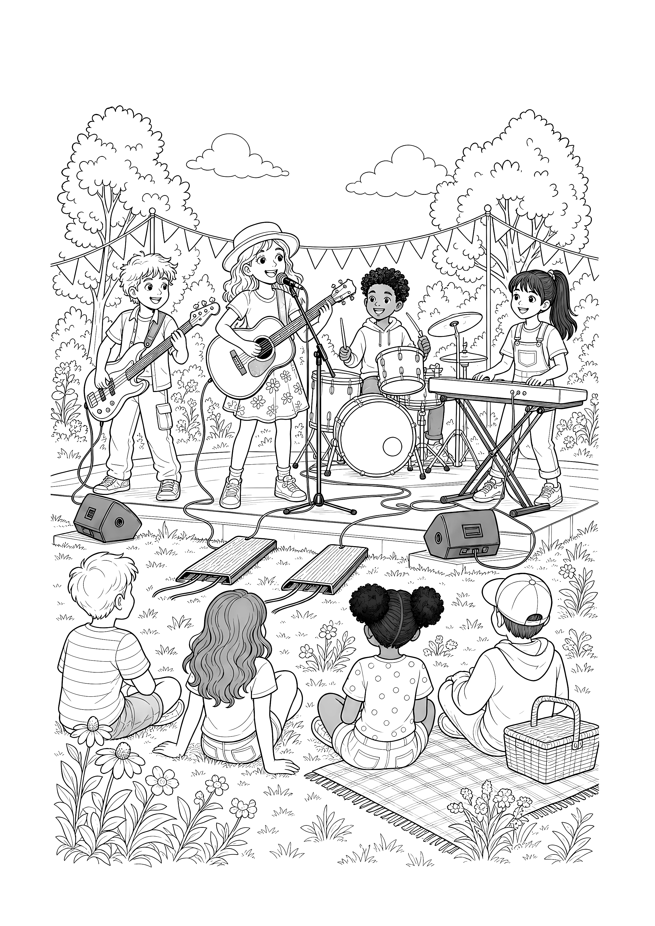 Open-Air-Band im Park: Eine vierköpfige Band spielt zwischen Blumen, Picknickdecken und Festivallichtern im Park.