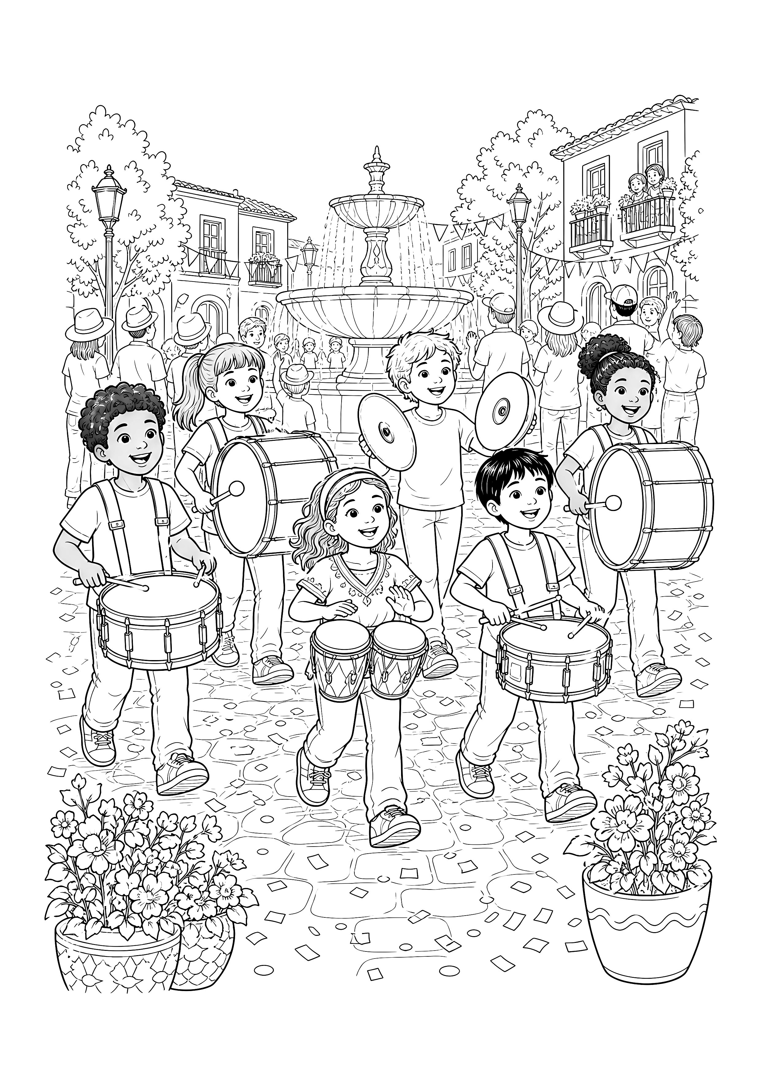 Trommelparade auf dem Stadtplatz: Eine fröhliche Trommelgruppe zieht mit verschiedenen Schlaginstrumenten über einen Stadtplatz.