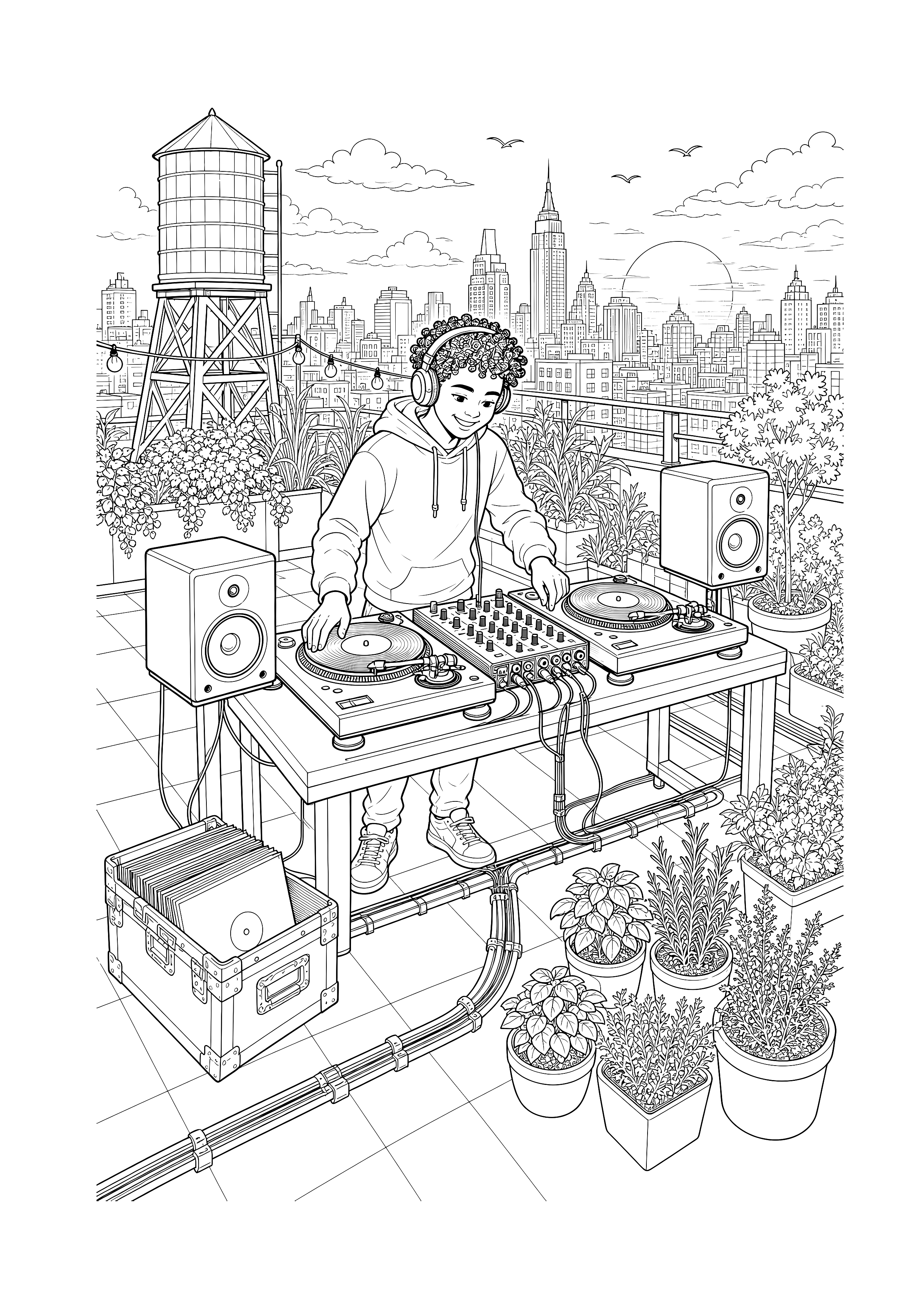 DJ im Dachgarten: Ein DJ spielt zwischen Kräutertöpfen, Plattenkiste und Stadtpanorama auf einem Dach.