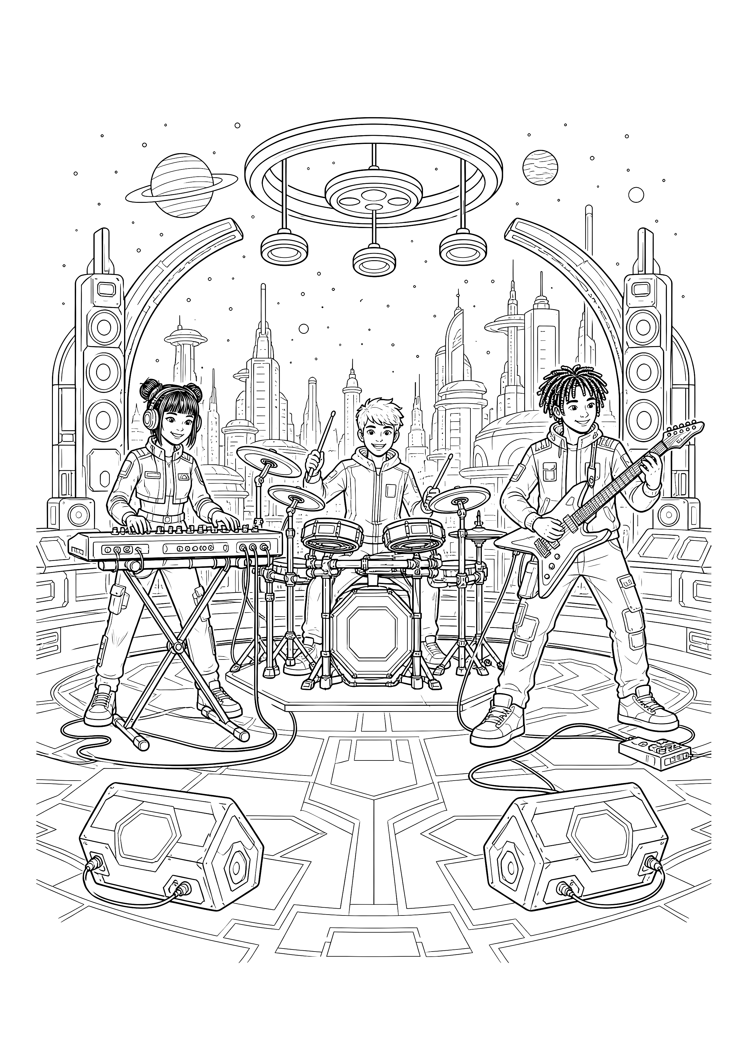 Futuristische Elektronikbühne: Drei Musiker spielen Synthesizer, E-Schlagzeug und Gitarre auf einer futuristischen Bühne.