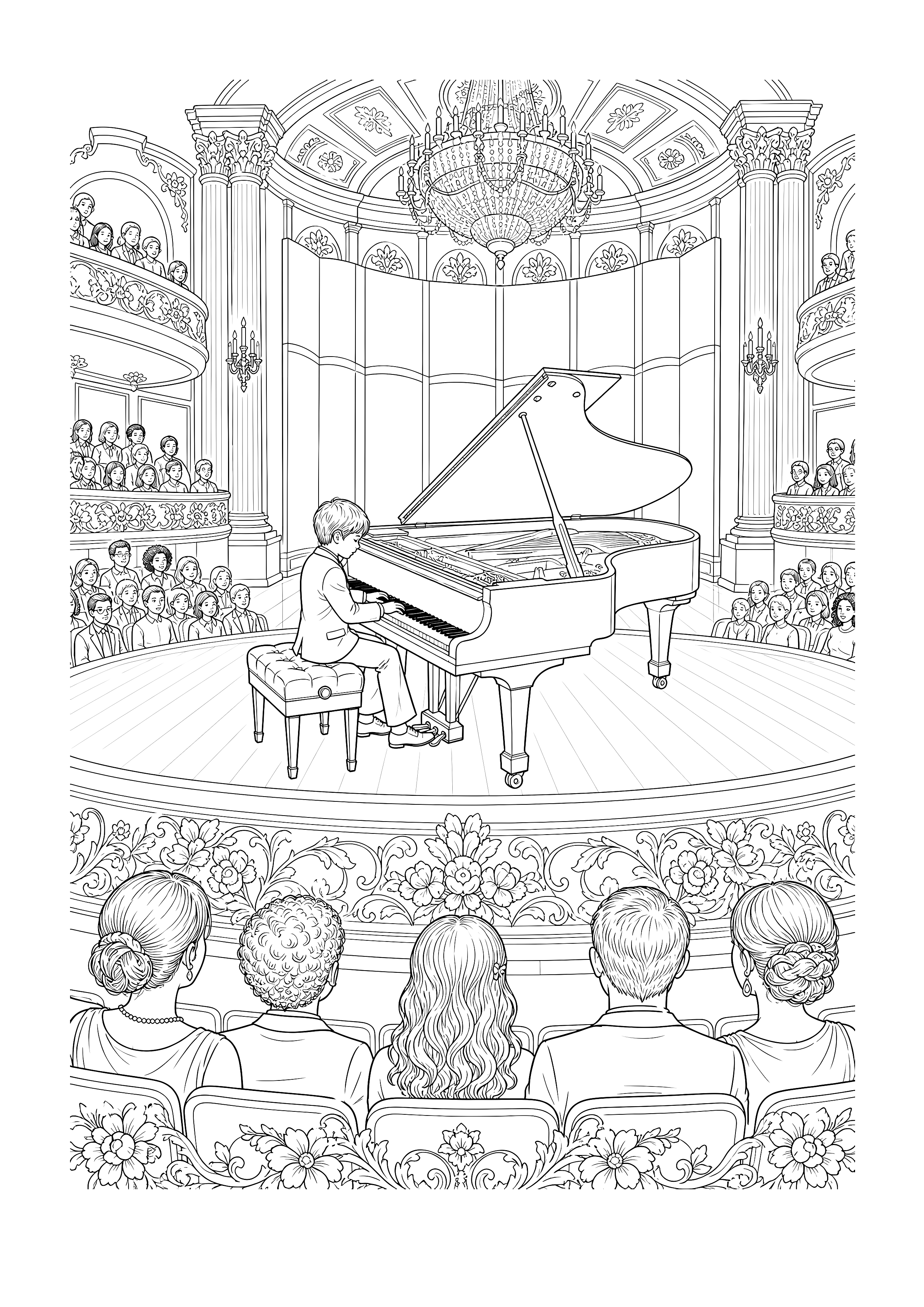 Klavierkonzert im großen Saal: Ein junger Pianist spielt auf einem Flügel vor Balkonen, Säulen und Publikum.