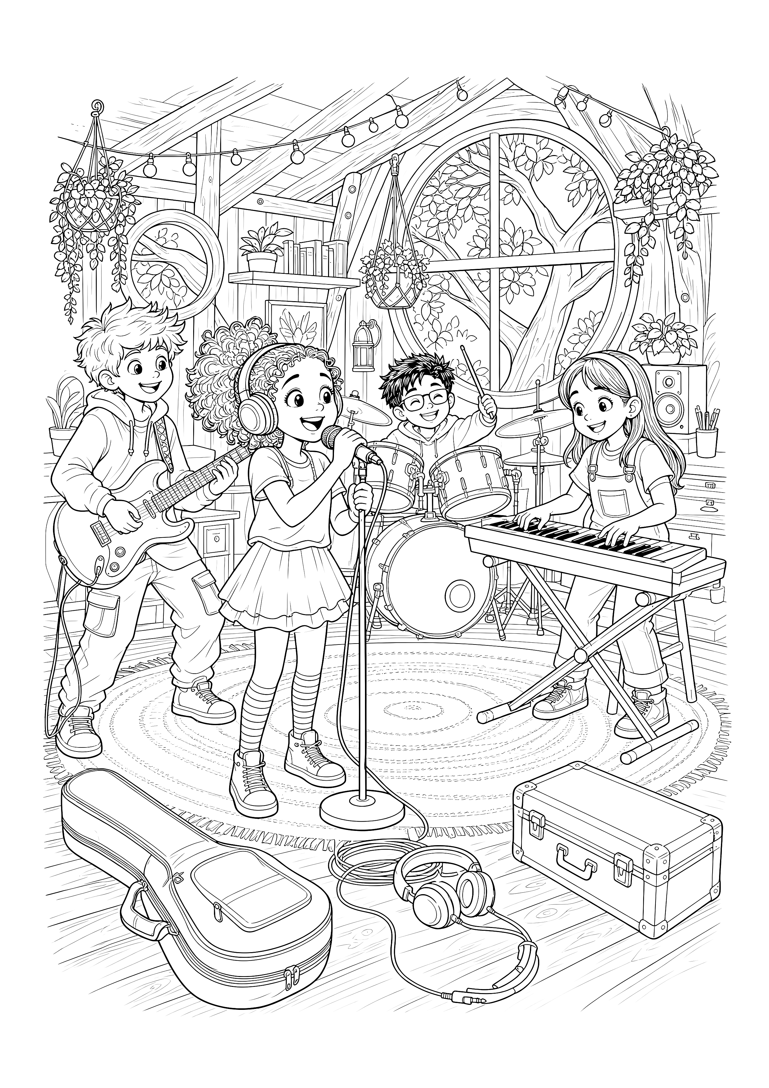 Kinderband im Baumhausstudio: Eine Kinderband nimmt zwischen Holzbalken, Pflanzen und Studiogeräten ein Lied im Baumhaus auf.