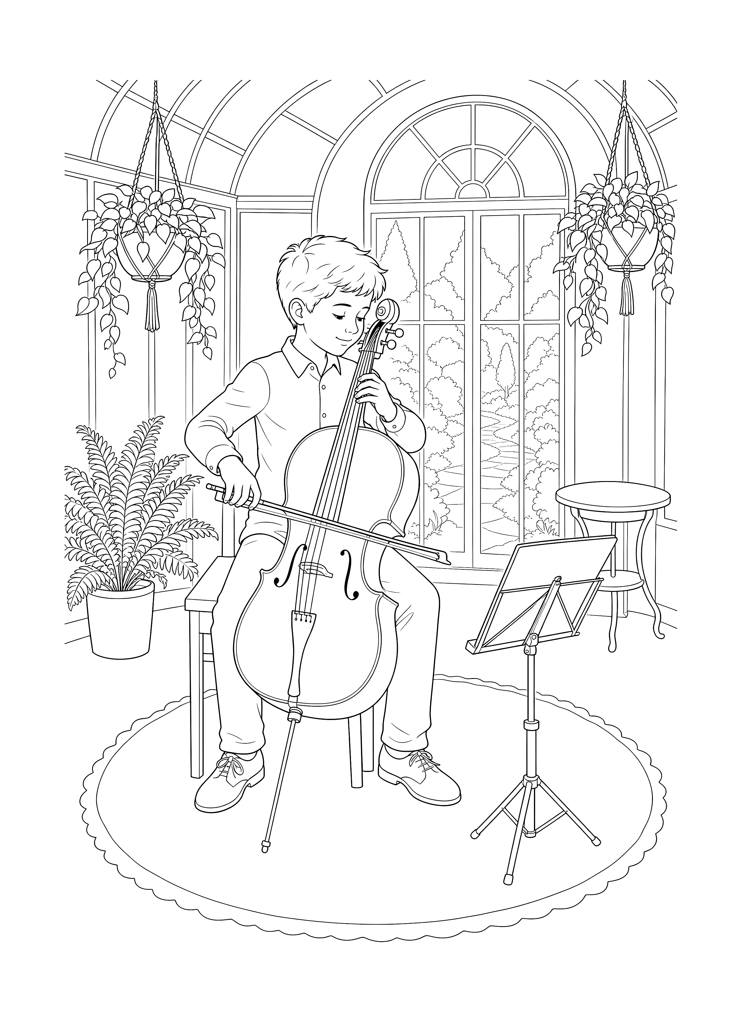 Cellist im Wintergarten: Ein Cellist spielt zwischen Rundfenster, Hängepflanzen, Hocker und Notenständer.