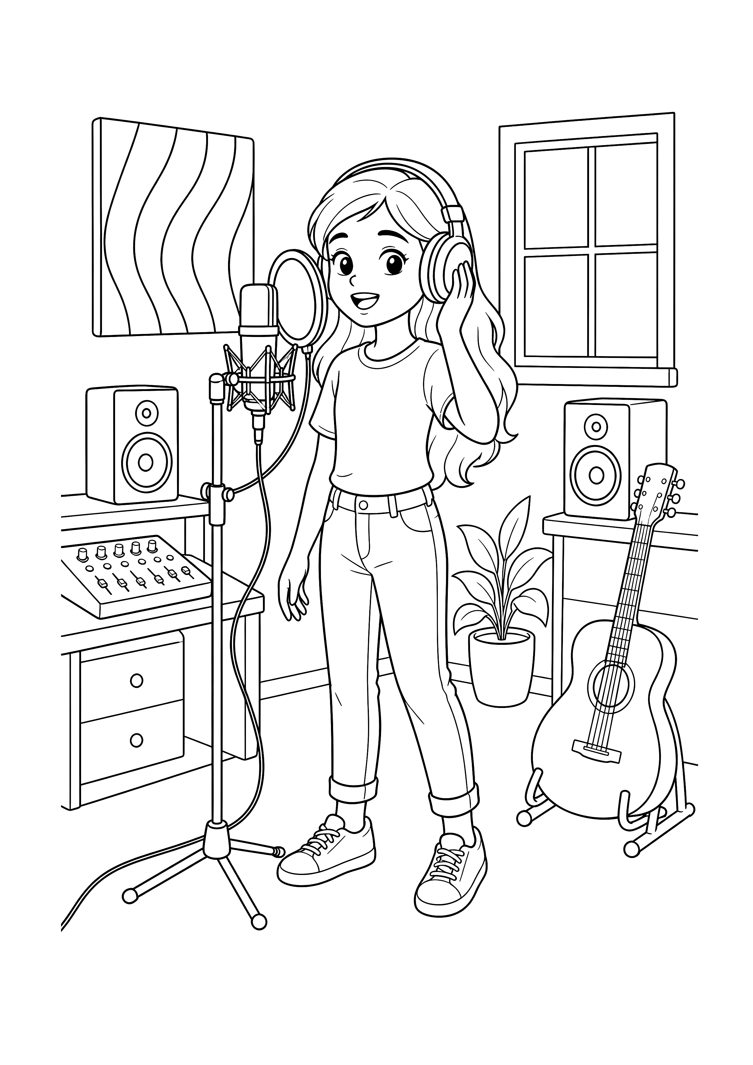 Sängerin im Homestudio: Eine junge Sängerin nimmt zwischen Mikrofon, Mischpult, Lautsprechern und Gitarre einen Song auf.