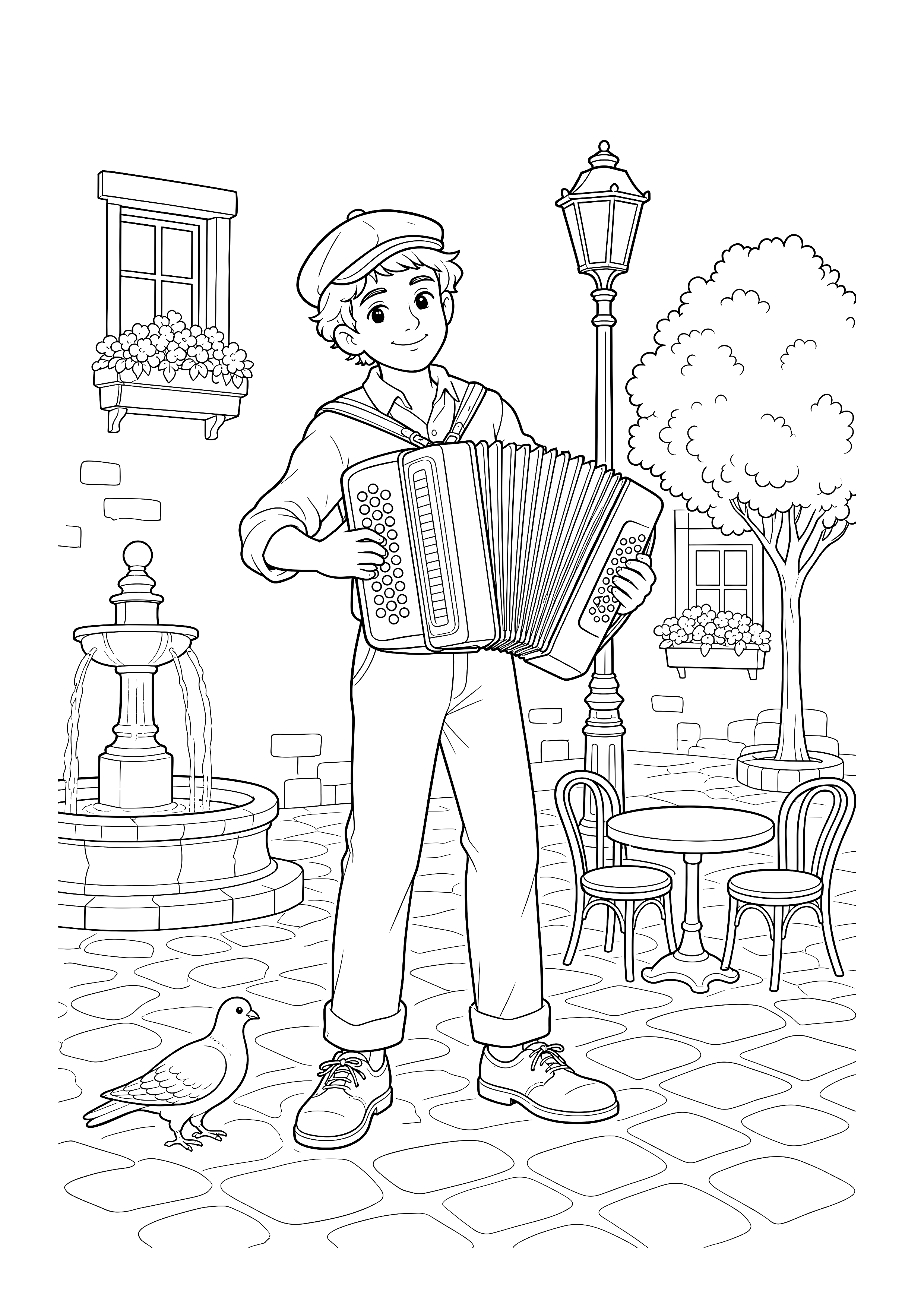 Akkordeonmusik auf dem Stadtplatz: Ein Straßenmusiker spielt Akkordeon neben Brunnen, Laterne, Café und einer neugierigen Taube.