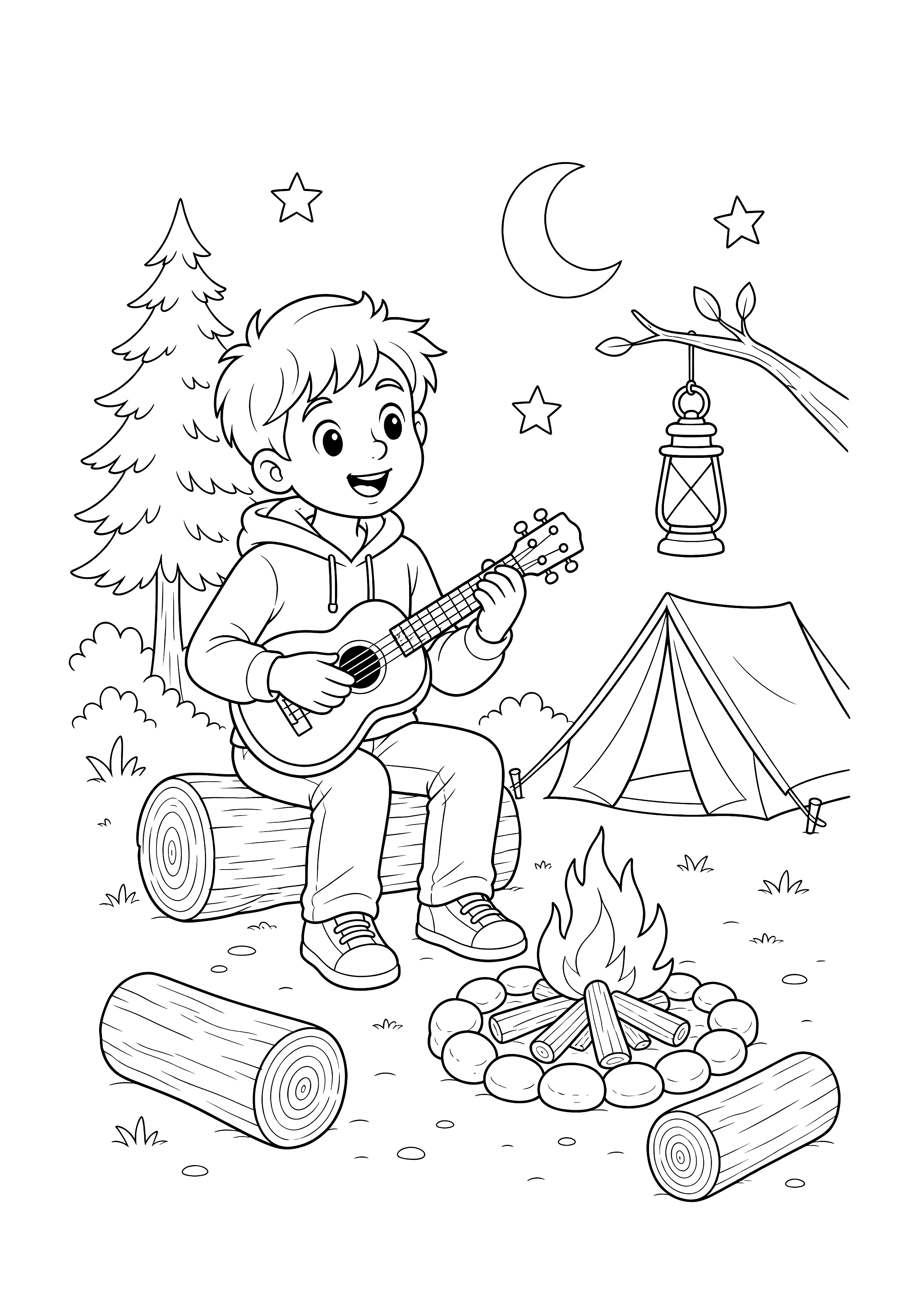 Akustikgitarre am Lagerfeuer: Ein Kind spielt am Lagerfeuer eine sechssaitige Akustikgitarre zwischen Zelt, Laterne und Baumstämmen.