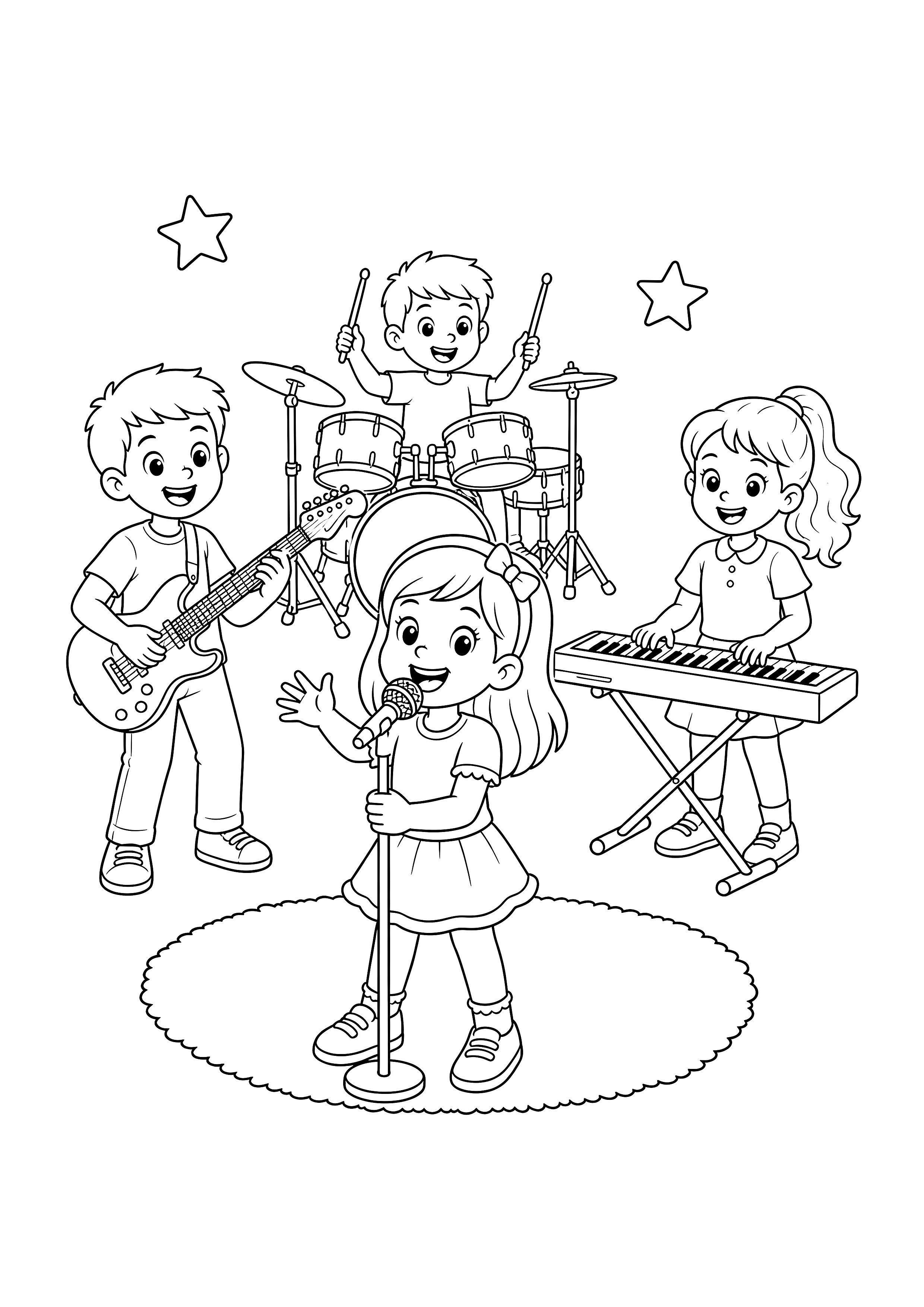 Kinderband bei der Probe: Vier Kinder proben gemeinsam mit Gesang, Gitarre, Keyboard und Schlagzeug.