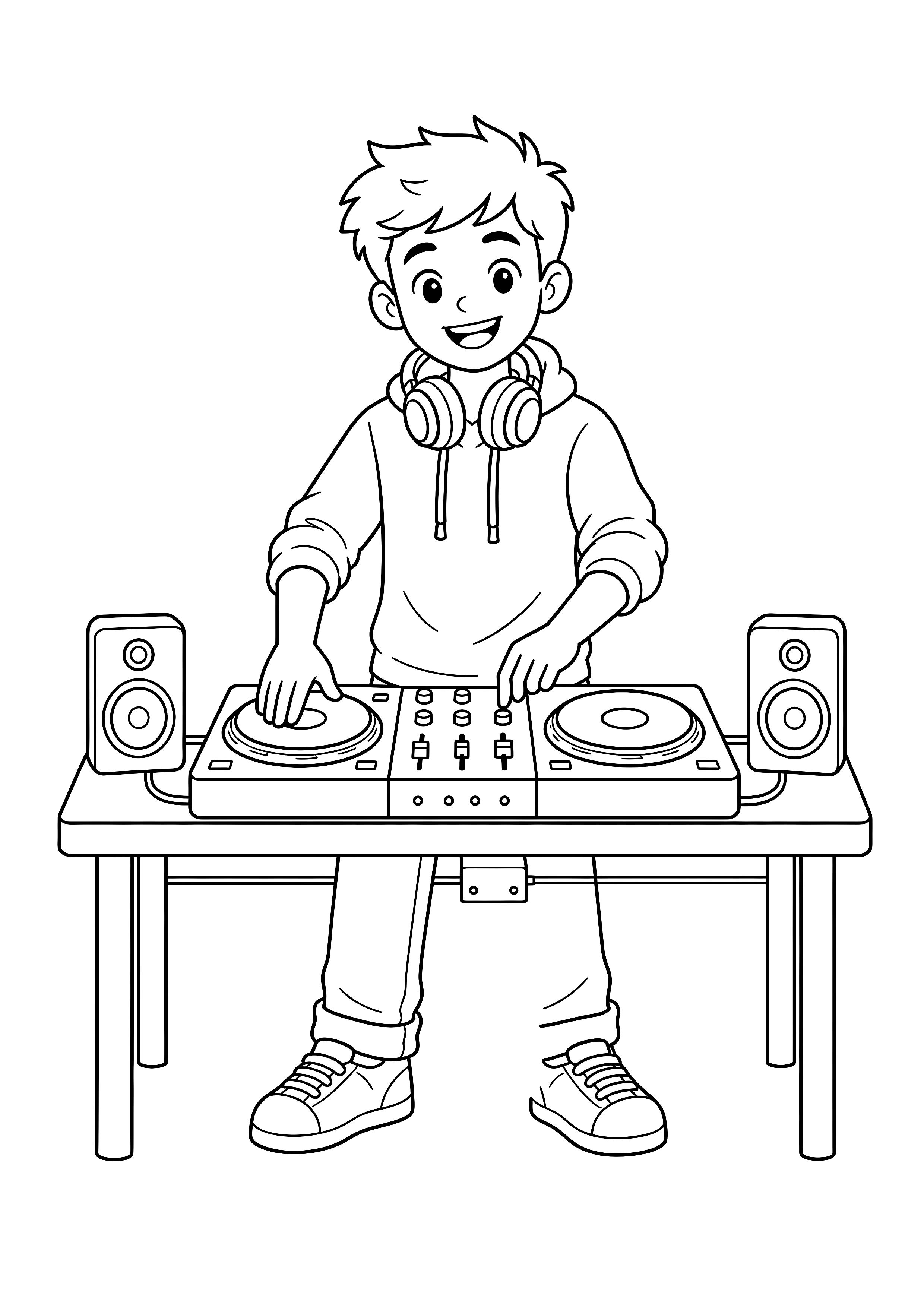 DJ am Mischpult: Ein junger DJ legt an einem kompakten Mischpult mit zwei Plattentellern auf.