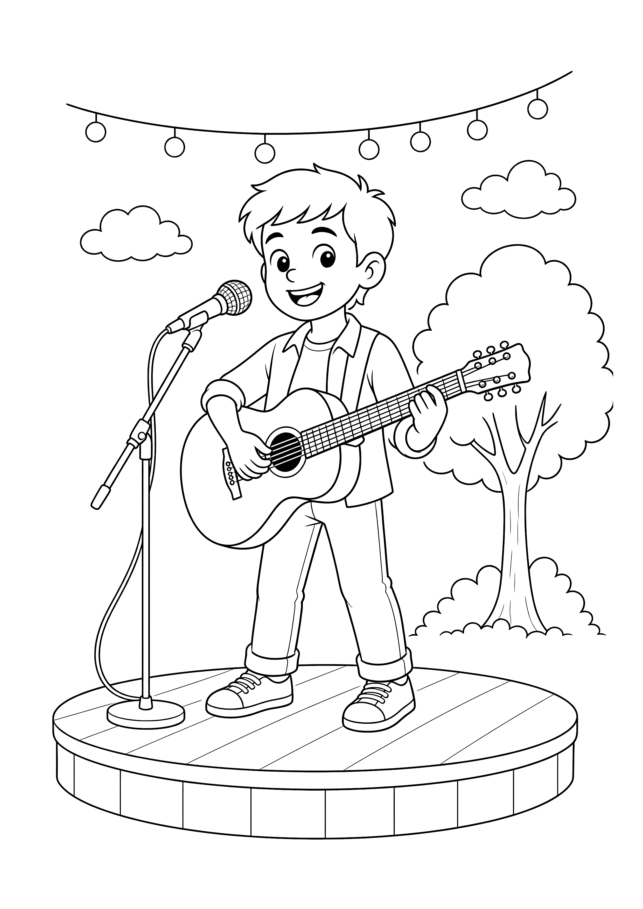 Sänger mit Gitarre im Park: Ein junger Sänger spielt bei einem kleinen Open-Air-Auftritt Akustikgitarre.