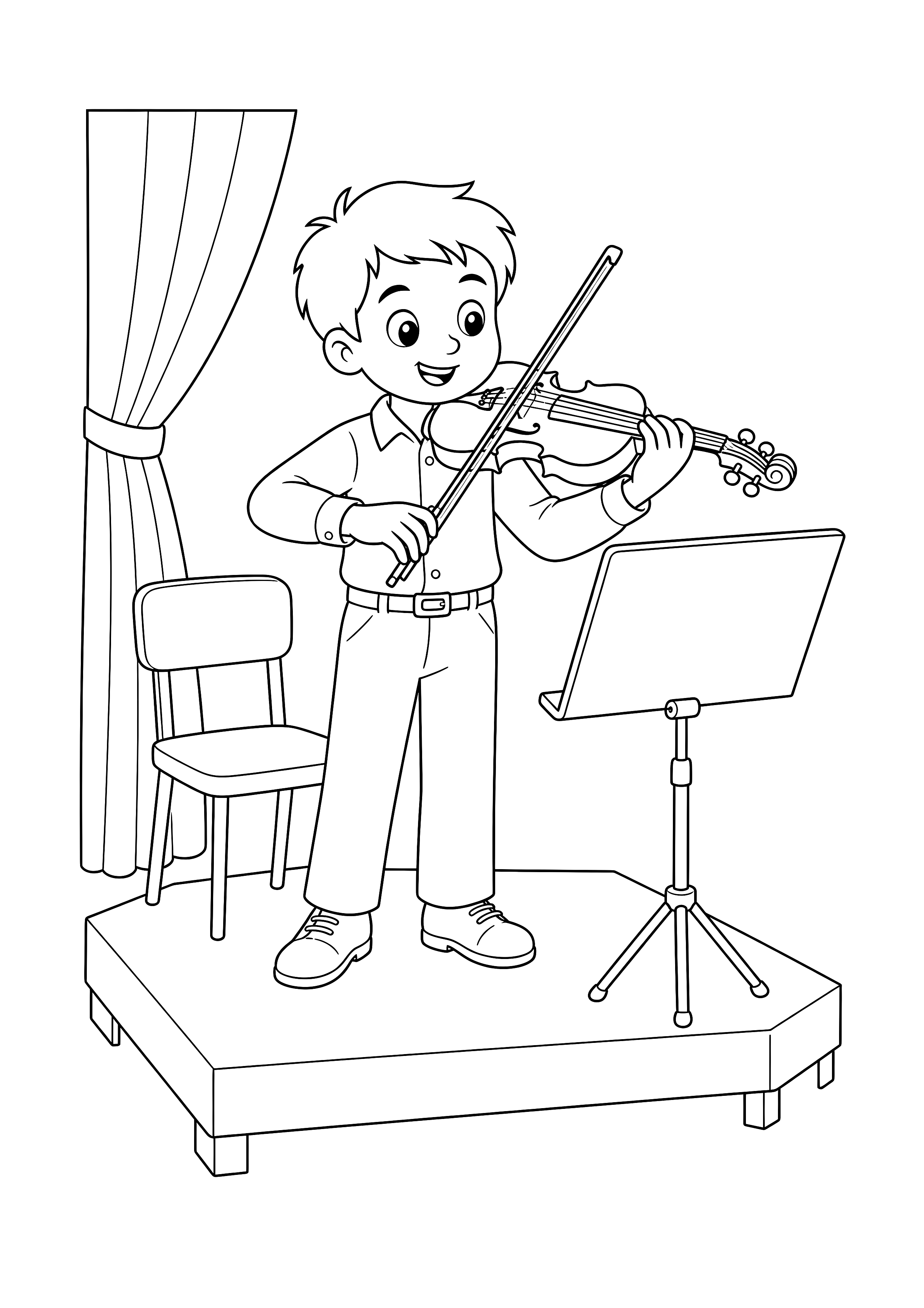 Kind spielt Geige: Ein Kind übt mit Geige und Bogen auf einer kleinen Orchesterbühne.