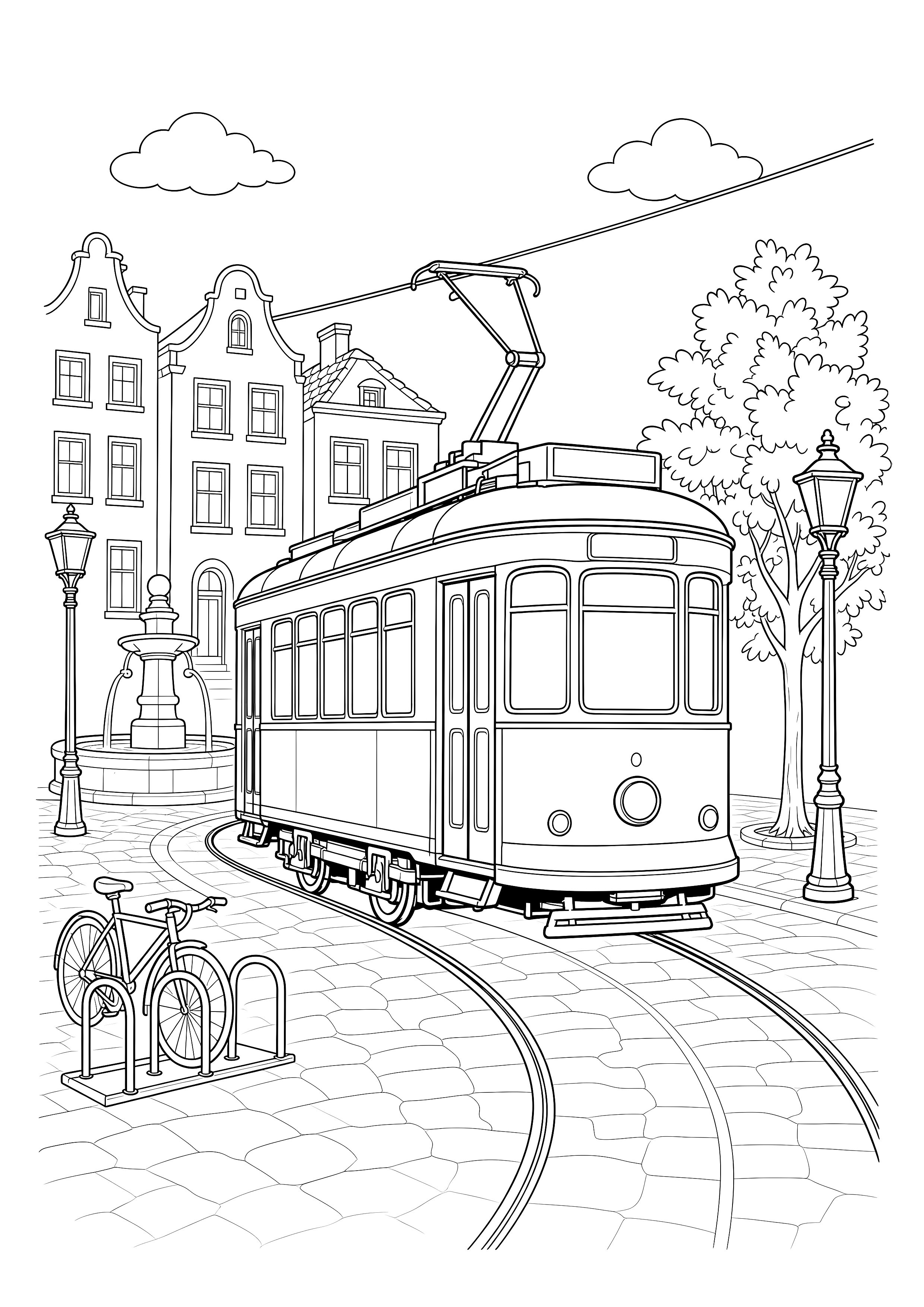 Straßenbahn auf dem Stadtplatz: Eine historische Straßenbahn folgt dem gebogenen Gleis durch einen Platz mit Brunnen, Laternen und Fahrrädern.