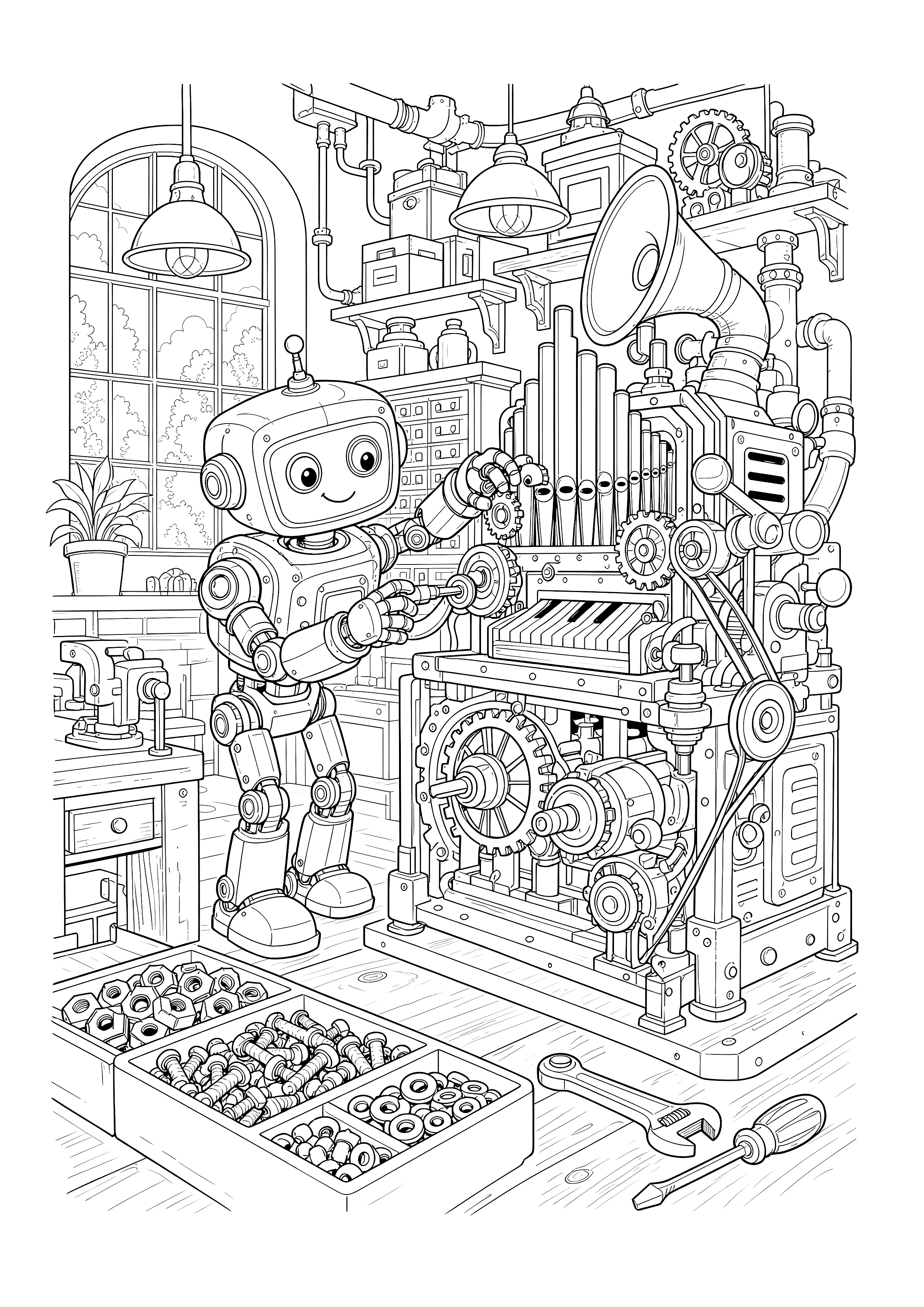 Roboter an der Zahnradmaschine: Ein Erfinderroboter kalibriert eine große Musikmaschine zwischen Werkzeugen, Zahnrädern und Werkstattregalen.