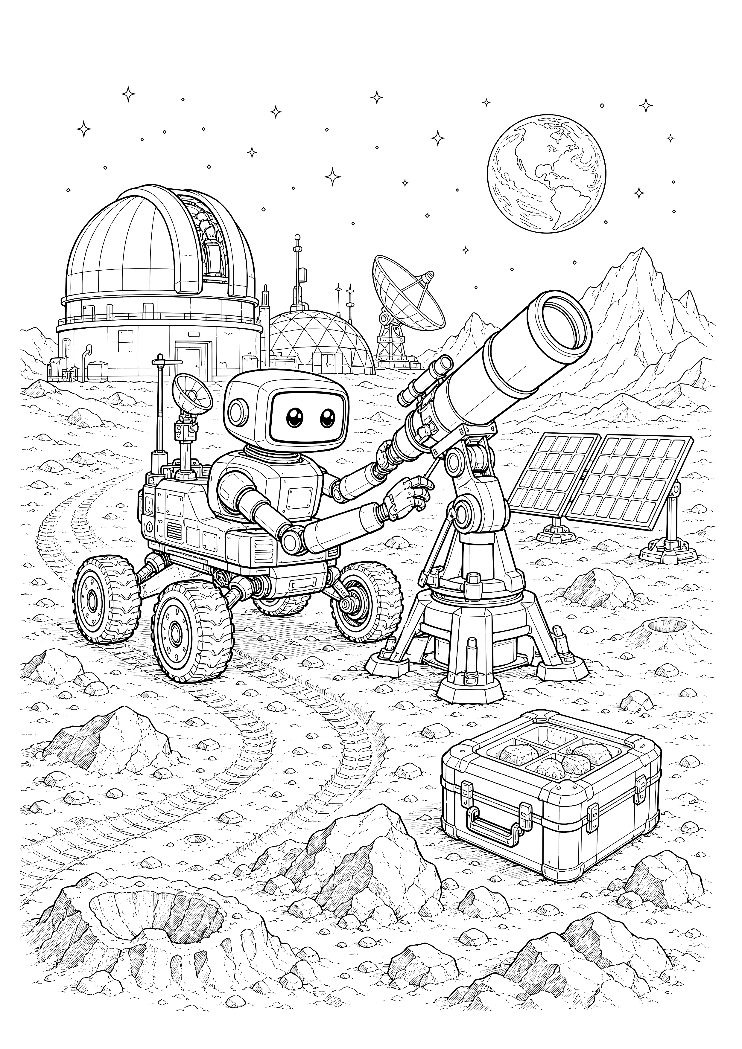 Astronomierover am Mondobservatorium: Ein Astronomierover richtet ein Teleskop zwischen Kratern, Solarpaneelen und Observatoriumskuppeln aus.