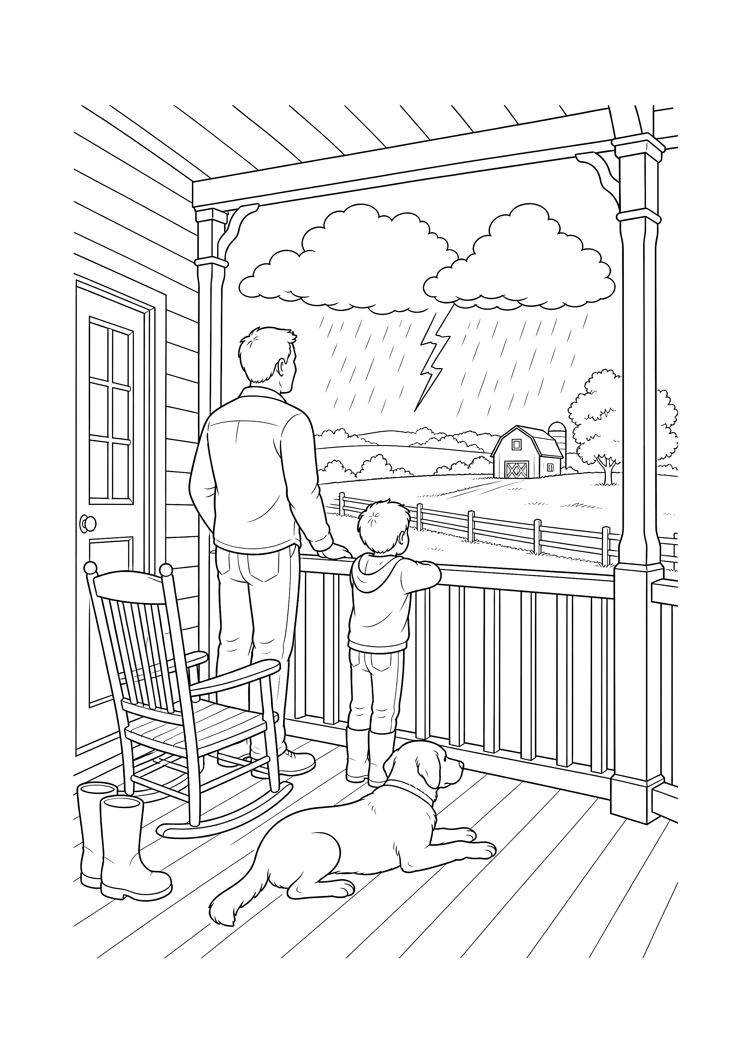 Gewitter sicher von der Veranda beobachten: Ein Erwachsener und ein Kind beobachten mit ihrem Hund ein entferntes Gewitter von der überdachten Veranda.
