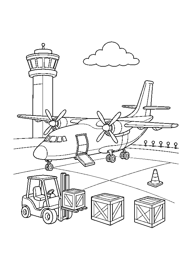 Frachtflugzeug beim Beladen: Ein zweimotoriges Frachtflugzeug wird neben Kontrollturm, Gabelstapler, Kisten und Pylon beladen.