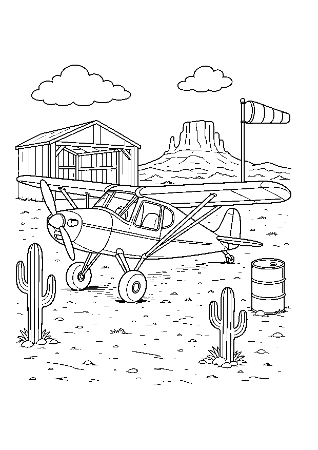 Buschflugzeug in der Wüste: Ein robustes Propellerflugzeug steht zwischen Hangar, Windsack, Kakteen, Fass und Tafelberg.