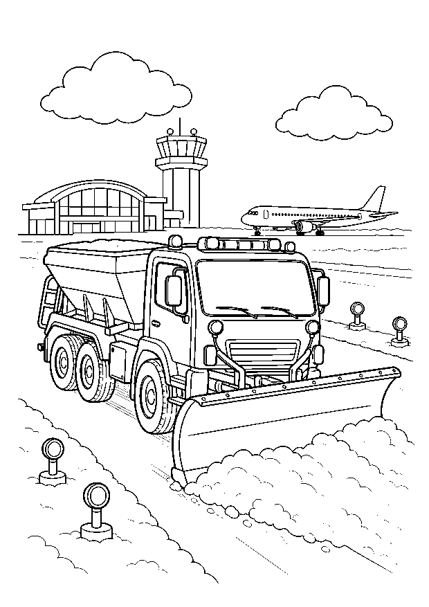 Schneepflug auf der Startbahn: Ein großer Flughafen-Schneepflug räumt die Bahn vor Terminal, Kontrollturm und wartendem Passagierjet.