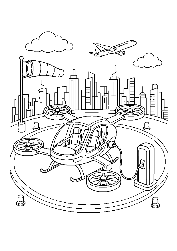 Flugtaxi auf dem Dachlandeplatz: Ein elektrisches Flugtaxi mit vier Rotoren lädt auf einem Dach über der Stadt.
