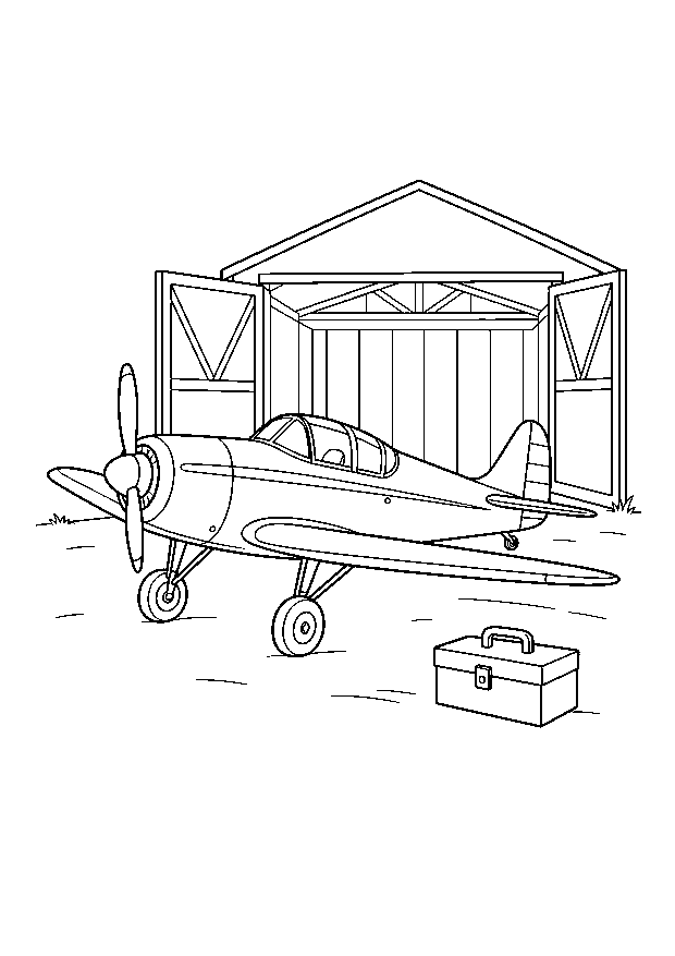 Propellerflugzeug am Hangar: Ein kleines Propellerflugzeug wartet vor dem offenen Hangar.