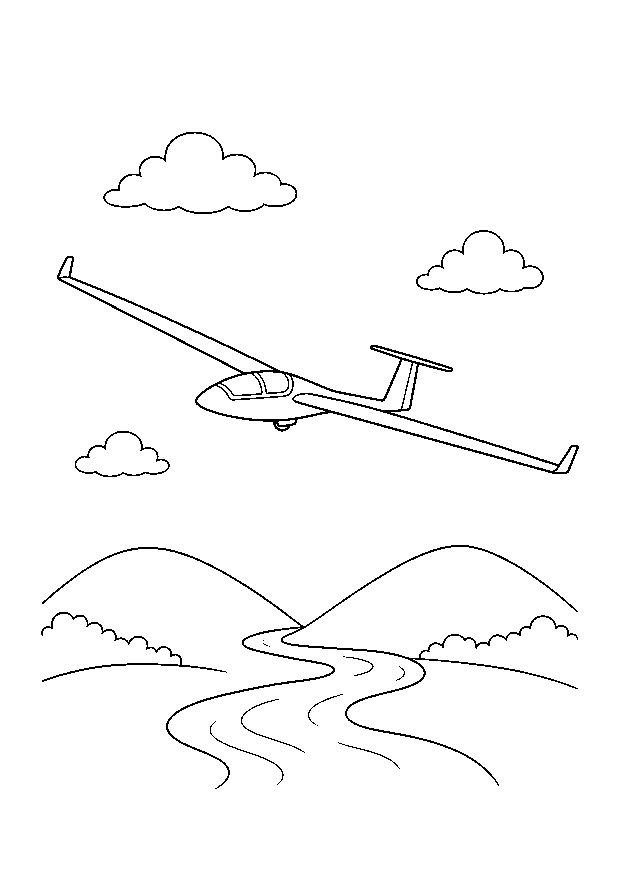 Segelflieger über den Hügeln: Ein schlanker Segelflieger gleitet über Hügel und Fluss.