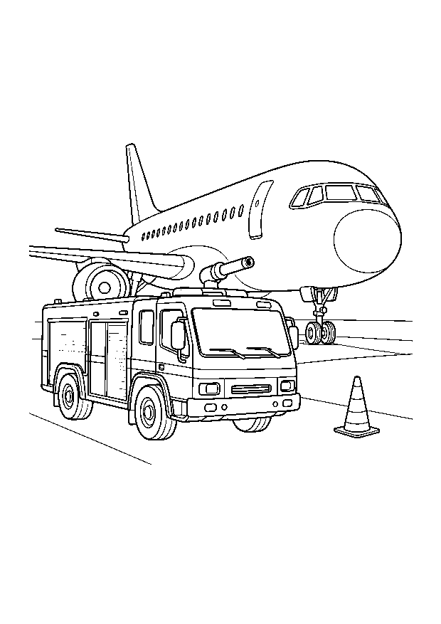 Flughafenfeuerwehr am Flugzeug: Ein Flughafenlöschfahrzeug steht neben einem geparkten Flugzeug.