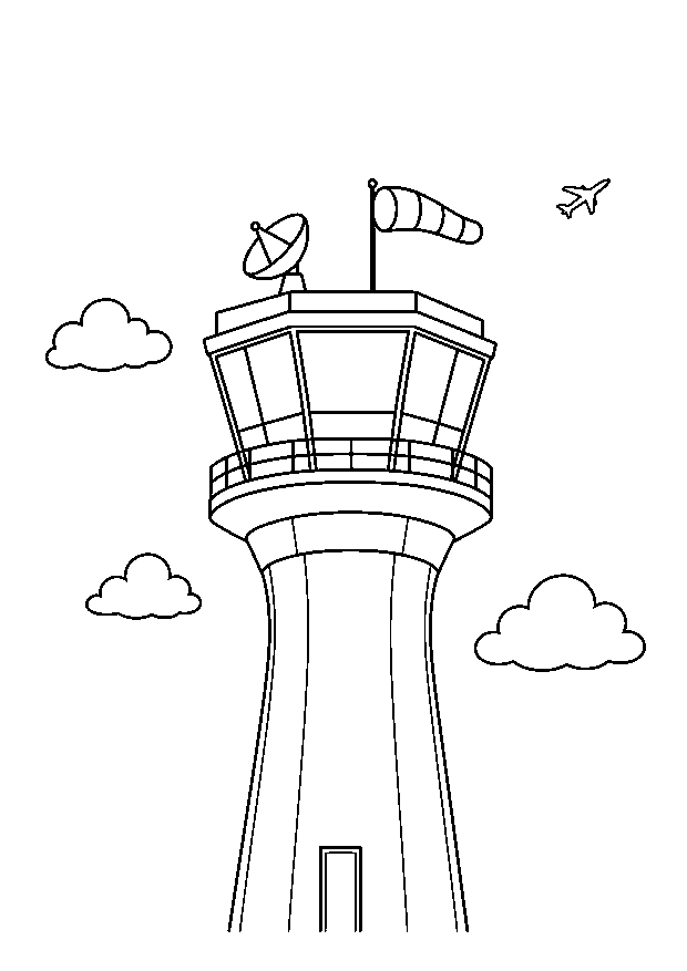 Der hohe Kontrollturm: Ein Kontrollturm blickt über Wolken, Radar und Windsack.