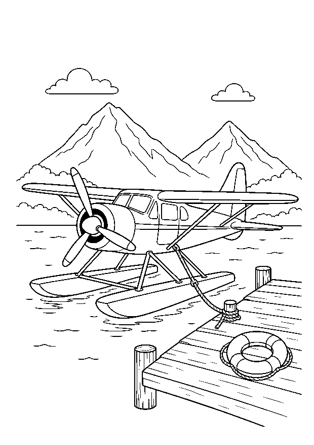 Wasserflugzeug am Bergsee: Ein Wasserflugzeug liegt am Holzsteg vor hohen Bergen.