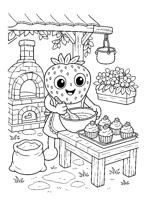 Bibi backt Erdbeer-Cupcakes: Bibi dekoriert Cupcakes in einer offenen Gartenkueche zwischen Erdbeeren und Backzutaten.