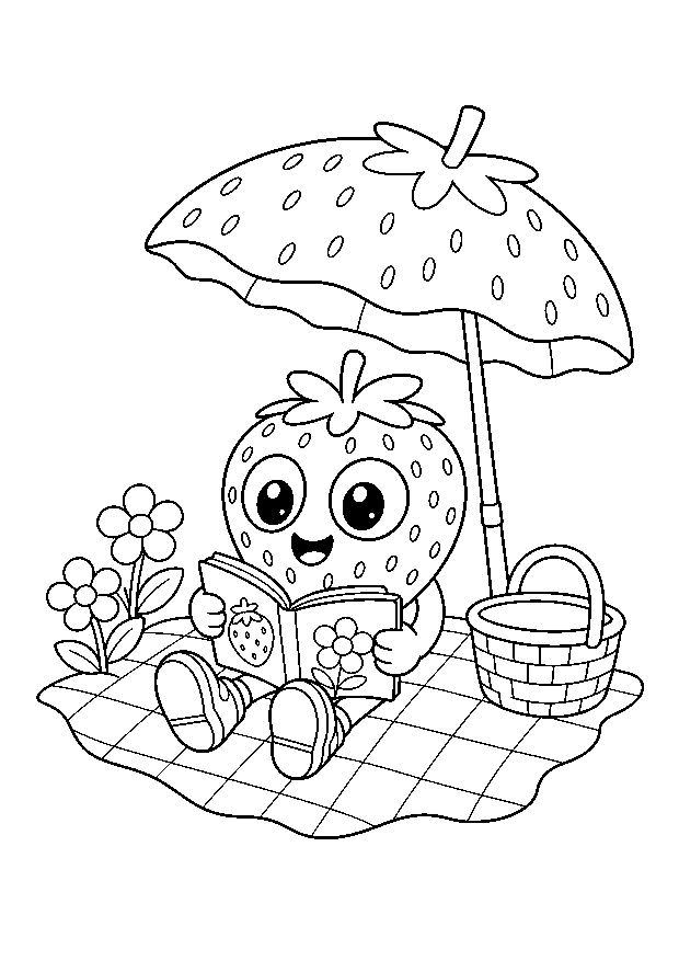 Bibi liest beim Picknick: Bibi liest unter einem Erdbeerschirm ein Bilderbuch.