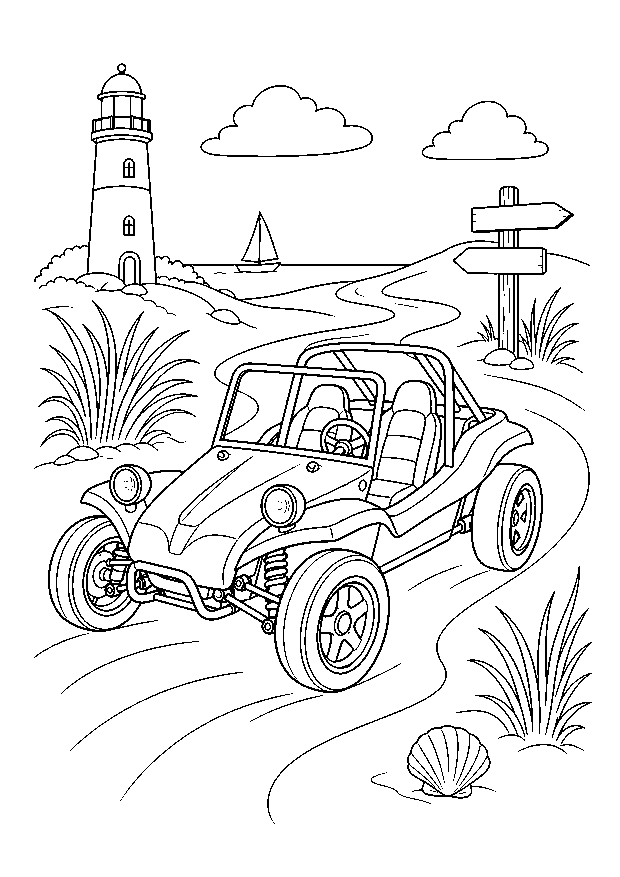 Strandbuggy am Leuchtturm: Ein offener Strandbuggy fährt über einen Dünenweg zwischen Leuchtturm, Strandgras und Wegweisern.