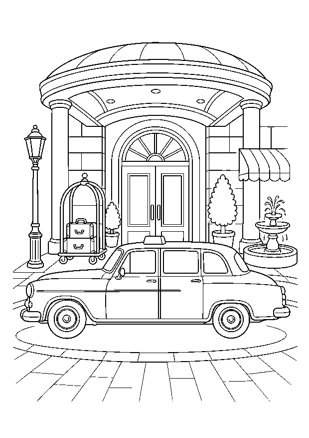 Oldtimer-Taxi vor dem Hotel: Ein klassisches Taxi hält unter dem runden Hoteldach neben Kofferkarren, Laterne und Brunnen.
