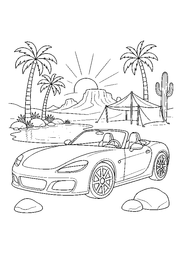 Roadster an der Wüstenoase: Ein offener Roadster steht zwischen Palmen, Oasenbecken, Sonnensegel und Wüstenfelsen.