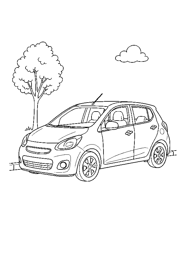 Kleinwagen in der Stadt: Ein moderner Kleinwagen steht neben einem jungen Straßenbaum und bietet große Ausmalflächen.