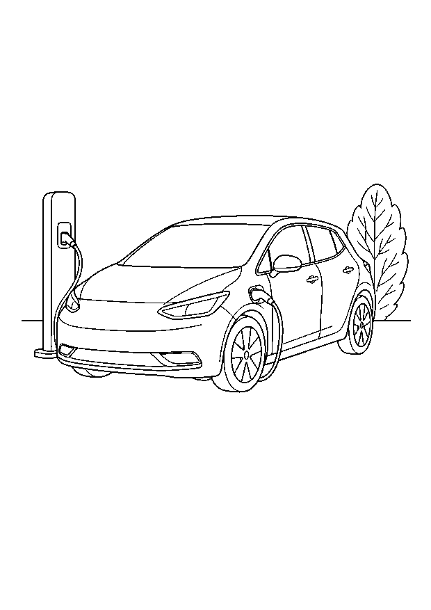Elektroauto an der Ladesäule: Ein modernes Elektroauto lädt an einer schlichten Ladesäule neben einem Strauch.