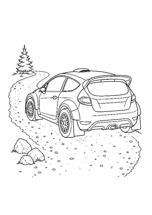Rallyeauto auf Schotter: Ein kompaktes Rallyeauto nimmt eine sanfte Schotterkurve zwischen Steinen und Tanne.