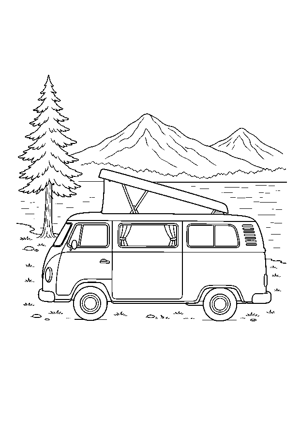 Campingbus am See: Ein klassischer Campingbus steht mit aufgeklapptem Dach am See vor Bergen und Tanne.