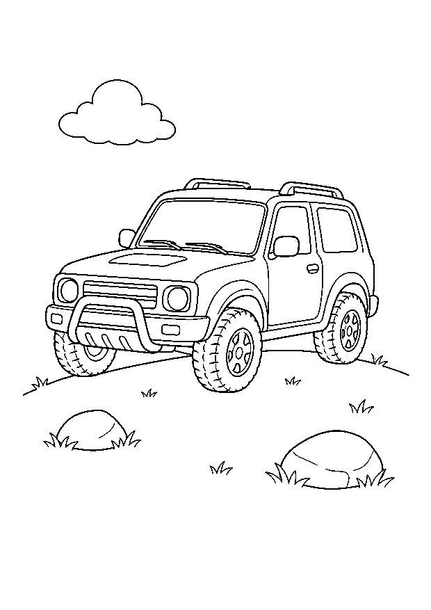 Geländewagen auf dem Hügel: Ein kleiner Geländewagen klettert zwischen zwei Felsen einen sanften Hügel hinauf.