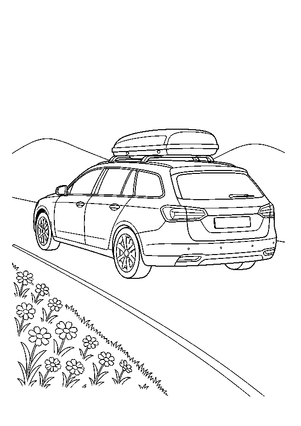 Familienauto auf Reisen: Ein Kombi mit Dachbox fährt auf einer geraden Landstraße durch blühende Hügel.