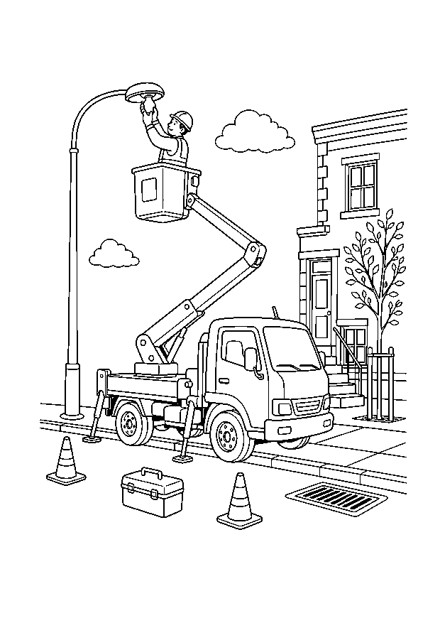Hubsteiger repariert eine Straßenlaterne: Ein Techniker wechselt von einem Hubsteiger aus eine Straßenlampe zwischen Haus, Baum und Absperrkegeln.