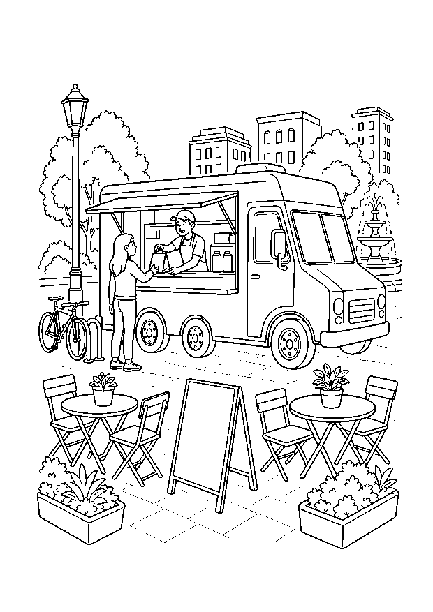 Foodtruck auf dem Stadtplatz: Ein Foodtruck bedient einen Gast zwischen Cafétischen, Fahrrädern, Pflanzkübeln und Brunnen.