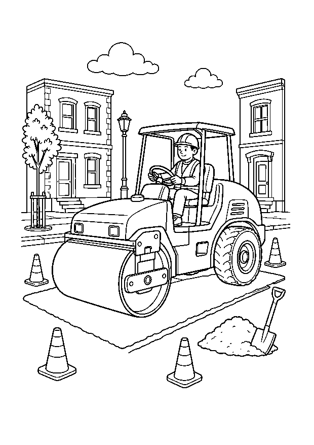 Straßenwalze auf der Baustelle: Eine große Straßenwalze glättet frischen Asphalt zwischen Häusern, Kegeln, Schaufel und Materialhaufen.
