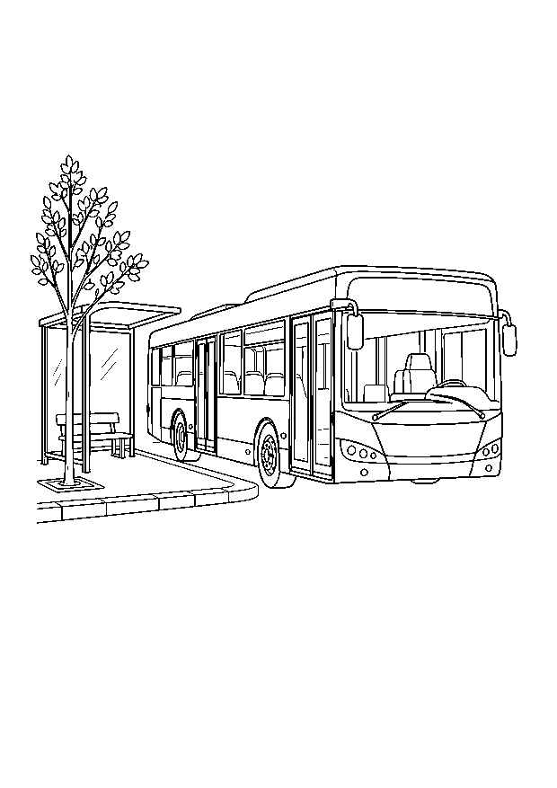 Stadtbus an der Haltestelle: Ein moderner Stadtbus hält an einer ruhigen Haltestelle mit Wartehäuschen und Straßenbaum.