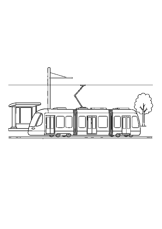 Straßenbahn auf geraden Gleisen: Eine moderne Straßenbahn fährt an einer kleinen Haltestelle über gerade Stadtgleise.