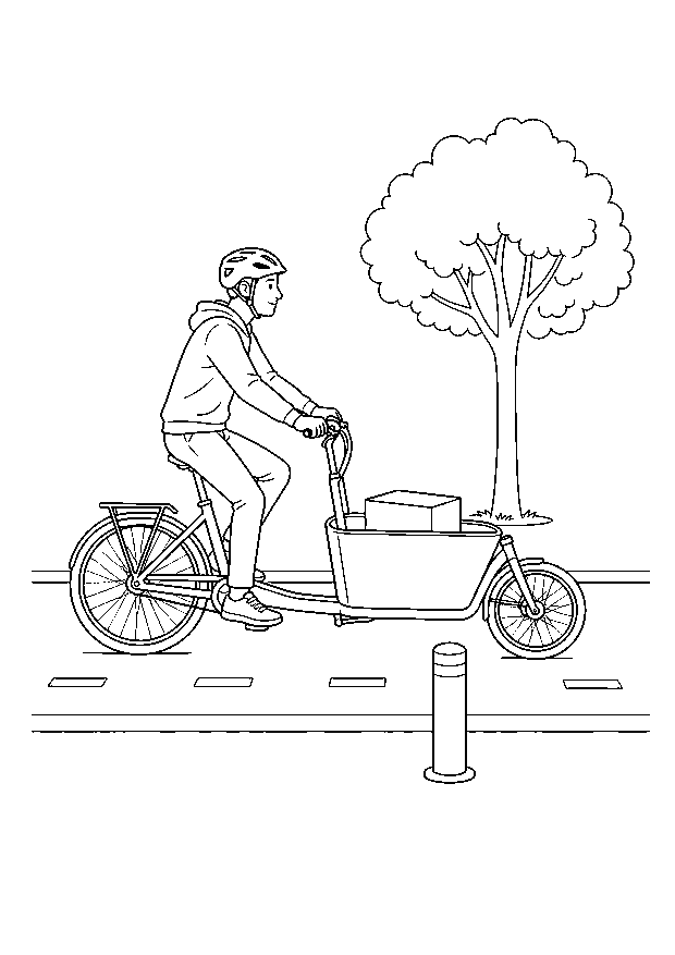 Fahrradkurier auf dem Radweg: Ein Fahrradkurier fährt mit einem Lastenrad auf einem geschützten städtischen Radweg.
