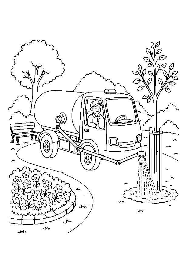 Gießwagen im Stadtpark: Ein kleiner Gießwagen bewässert einen jungen Baum neben Blumenbeet und Parkbank.