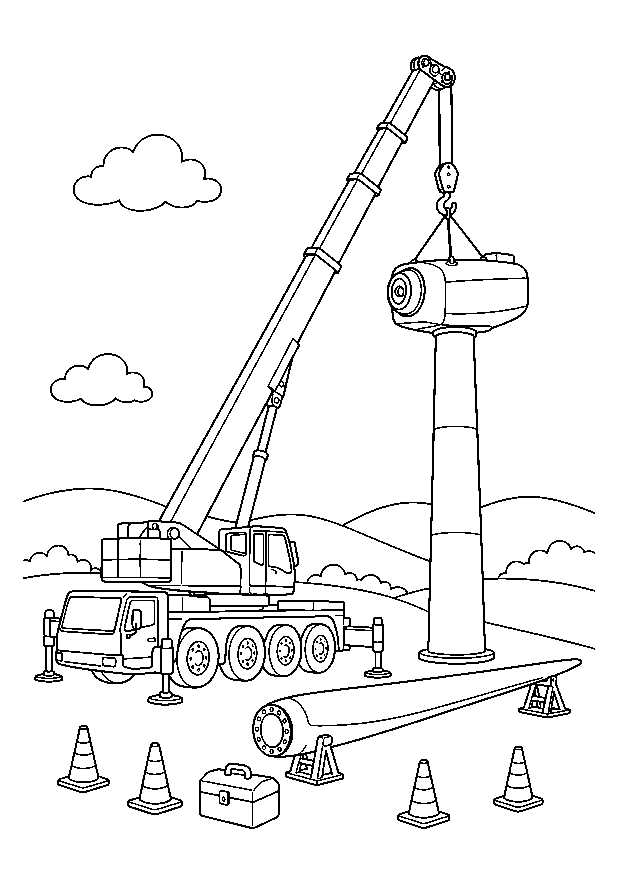 Kran montiert ein Windrad: Ein großer Mobilkran hebt das Maschinenhaus auf einen Windradturm neben Rotorblatt und Werkzeug.